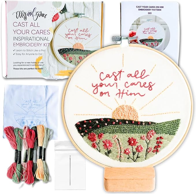 Elly & Grace Christian Embroidery Kit with Embroidery Hoop, Easy Embroidery Kit for Beginners and Adults, Full Embroidery Hoop Kit with Needles and Thread Included (Cast All Your Cares)