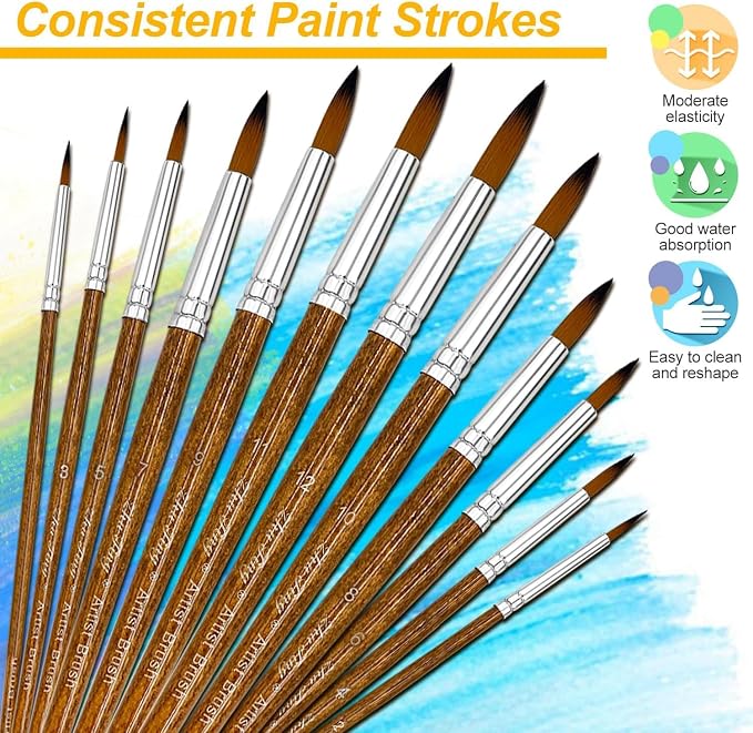 Paint Brushes Set, 12 Pcs Watercolor Brushes with Wooden Handle and Soft Nylon Hair Pointed Round Tips Artist Brushes for Acrylic Oil Watercolor Gouache (Brwon)