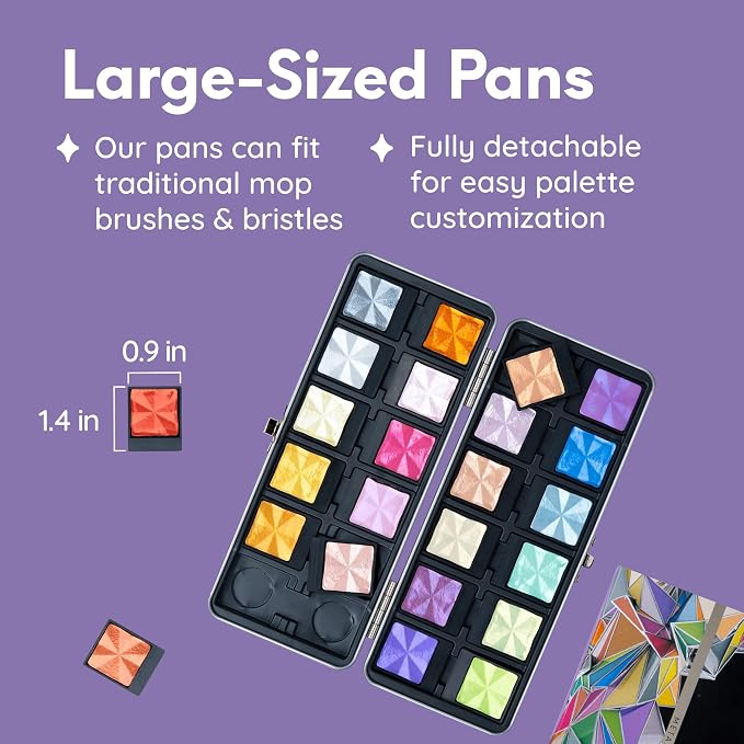 MozArt Komorebi Professional Metallic Watercolor Set 24 Colors Metal | Shimmer Watercolor Art Supplies – Lockable Metal Box & Detachable Pans – 24 Colors for Arts, Crafts, Journaling & Mixed Media