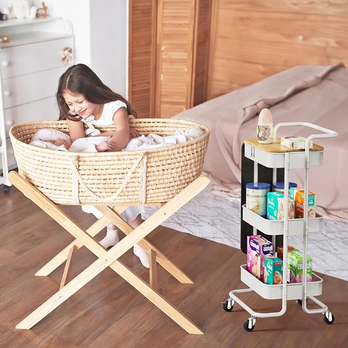 DTK 3-Tier Rolling Cart with Table Top, Metal Utility Cart with Side Bags