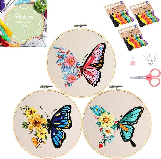 Santune 3 Pack Embroidery Kit for Beginners Adults Cross Stitch Kits with Butterfly Patterns and Instructions,DIY Hand Crafts with 1 Hoop,Threads and 6 Needles
