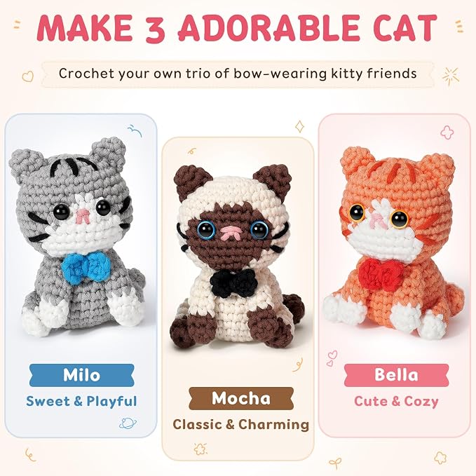 Fortuning's JDS Crochet Kit for Beginners, 3 Cat Crochet Animal Kit Starter | w/ Step-by-Step Video Tutorials, Beginner Crochet Kit for Adults, Bow-Wearing Cat Crochet Set, Crochet Gifts for Cat Lovers