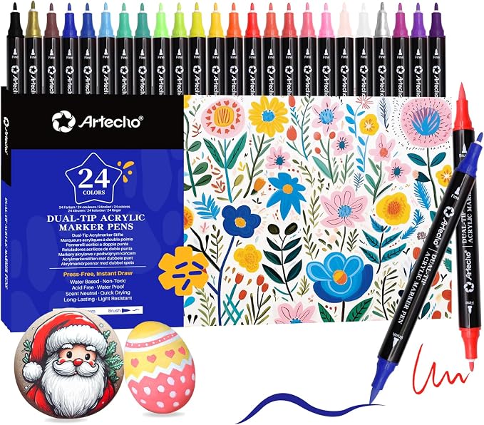 Artecho Acrylic Paint Markers 24 Colors with Brush Tip and Fine Tip