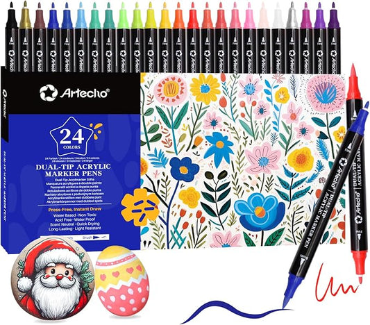 Artecho Acrylic Paint Markers 24 Colors with Brush Tip and Fine Tip