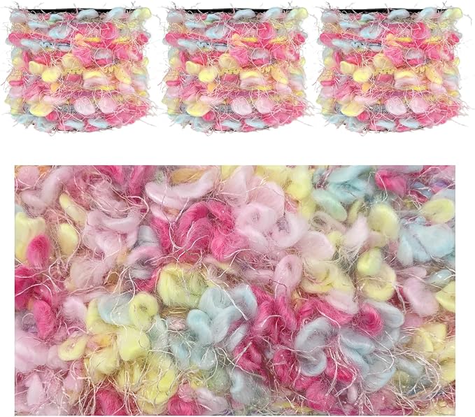 Artisanal Yarn Collection Multifiber Fancy Yarn for Knitting Crocheting Crafts DIY, Set of 3 Rolls (Pink & Baby Blue Bubbles)
