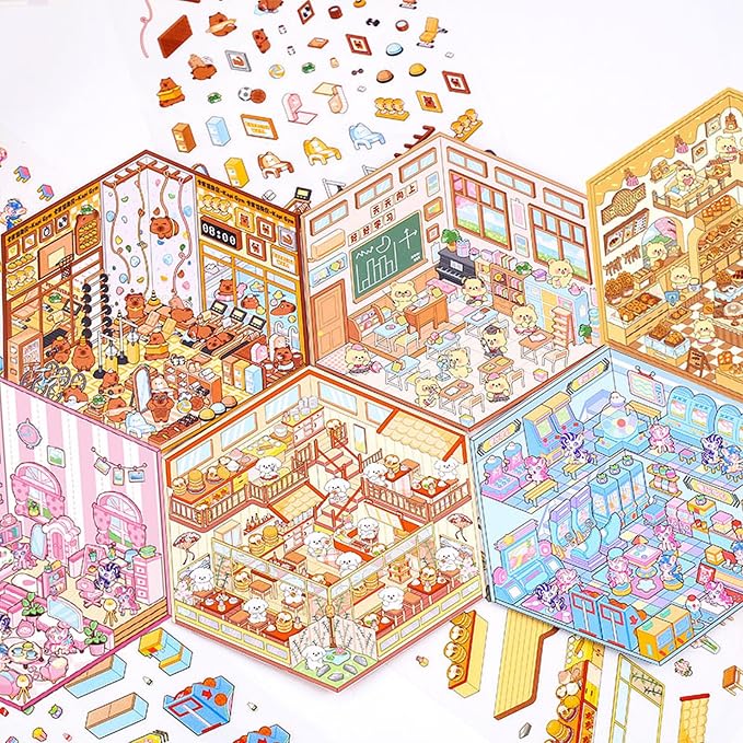 DIY 3D Sticker for Kids, 6 Sets of Cute Stickers for Girls Kids Fun Scenes Stickers Adult Isometric Sticker Scene Reuseable Waterproof Stickers
