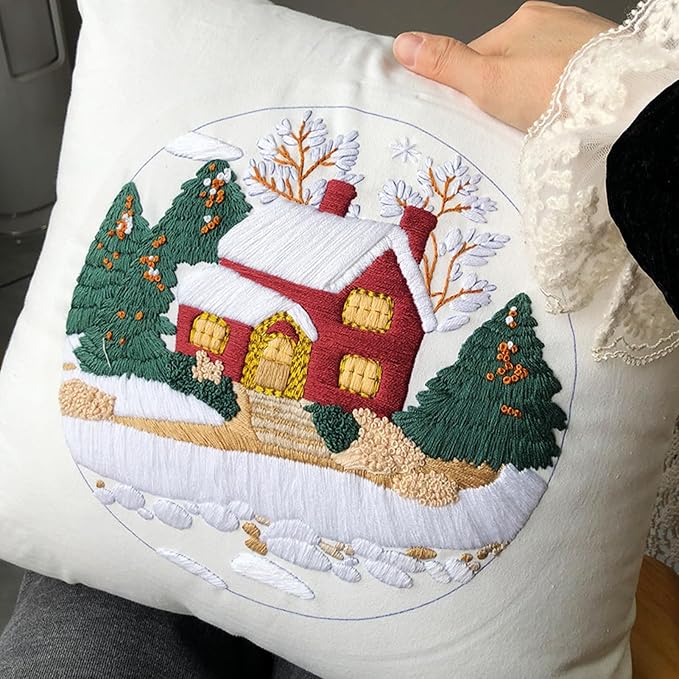 FONNUY Christmas Embroidery Kit for Beginners, Throw Pillow Case Cross Stitch Set Winter Snow House Holly Tree Pattern for Adults, Hand Works Crafts Throw Pillow Cover, 18 x 18'' (White)