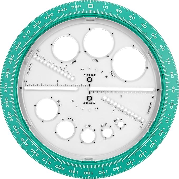 Helix Angle and Circle Maker with Integrated Circle Templates, 360 Degree, 6 Inch / 15cm, Assorted Colors (36002) | Integrated Templates - Geometry and Math Tool - Ideal School Supplies for Students - Precise Drafting and Drawing