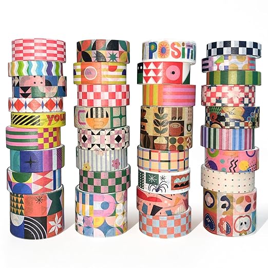 34 Rolls Geometric Washi Tape Set, Aesthetic Decorative Tape for Scrapbooking, Journaling, Bullet Journals, DIY Crafts and Gift Wrapping