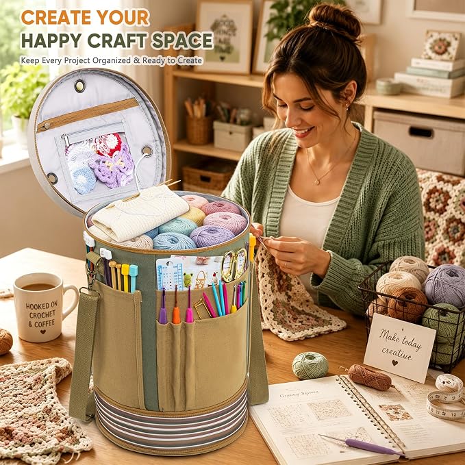 Canvas Yarn Storage Organizer with Removable Dividers, Crochet&Knitting Bag | Expandable canvas yarn organizer with removable dividers, yarn feed holes, project storage and multiple tool pockets