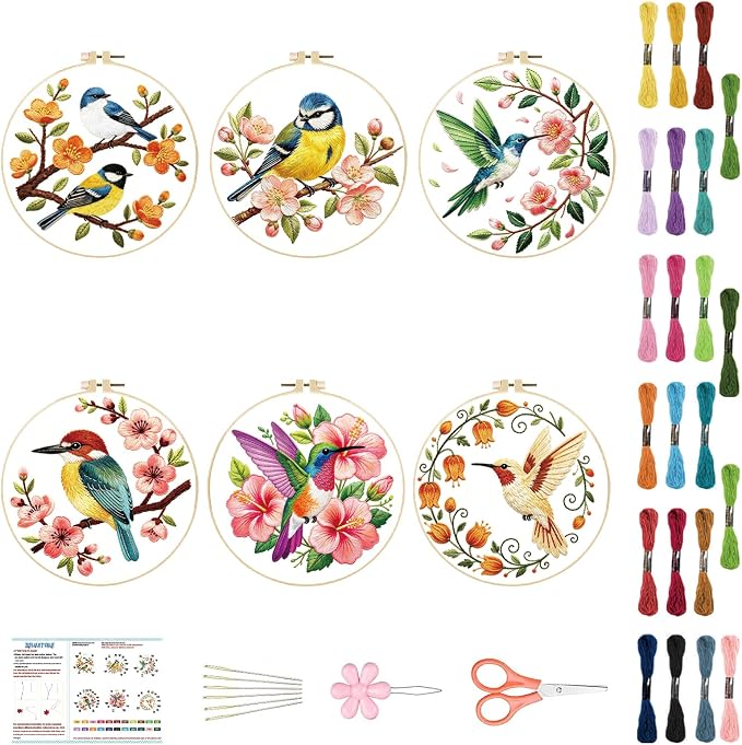 BEUNITONE 6 Set Embroidery Kit for Beginner Adults, Hummingbird & Flower Cross Stitch Set with Stamped Pattern Hoops Threads Cloth Needles, Embroidery Starter Kit for Home Decoration and Gifting