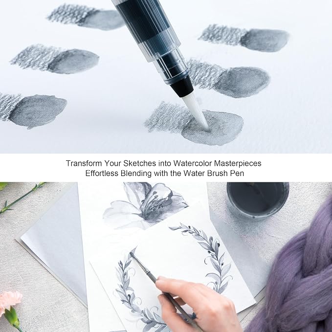 KALOUR PDAS Water-Soluble Graphite Aquarelle Drawing Pencils, 2H HB 2B 4B 6B 8B Grey, Professional Sketching Set with Water Brush and Pencil Sharpener