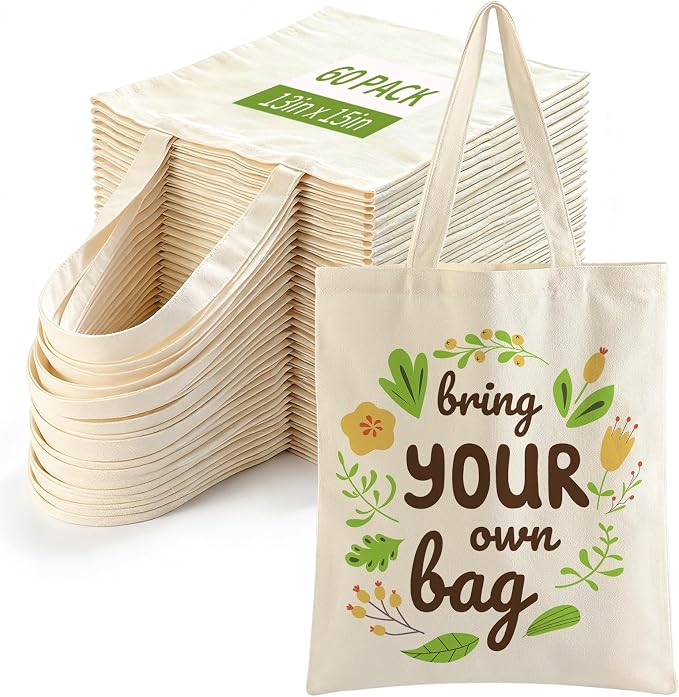 60-Pack Sublimation Blanks Tote Bags, Off-White Canvas Bags for DIY | Reusable grocery shopping totes, heat transfer & HTV ready, personalized gifts for Women, Men, advertising, Party Shopping