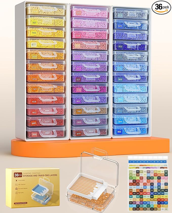Redtwo 36 PCS Diamond Painting Storage Containers Trays, White | 3-in-1 Diamond Painting Trays with Lids, Detachable Trays, 3 Adjustabe Racks, Diamond Art Accessories, Diamond Art Storage