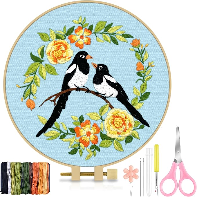 TINDTOP Embroidery Kit for Beginners Adult, Bird Embroidery Kit | Include Embroidery Cloth Hoops Threads for Craft Lover Hand Stitch with Embroidery Skill Techniques