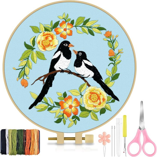 TINDTOP Embroidery Kit for Beginners Adult, Bird Embroidery Kit | Include Embroidery Cloth Hoops Threads for Craft Lover Hand Stitch with Embroidery Skill Techniques