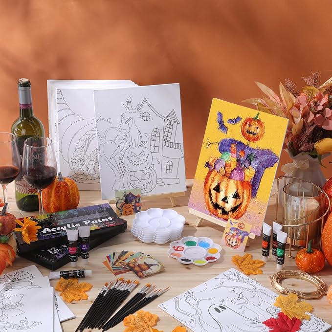 Sherr 24 Pcs Pre Drawn Canvas for Adult, Autumn Halloween, 8 x 10 Inch