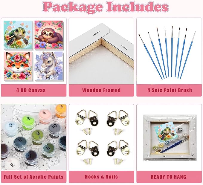 4 Pack Animal Paint by Number for Kids with Wooden Frame - Wooden Easel | Paint by Numbers for Kids Ages 4-8-12, Easy Sloth Fox Sea Turtle Horse DIY Oil Painting Kits for Home Wall Decor (8X8 inch)