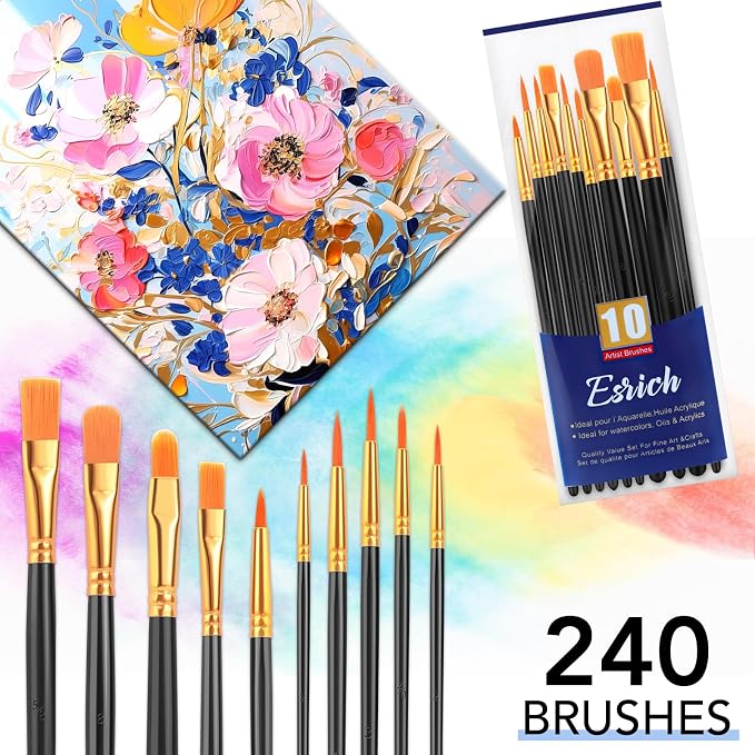 ESRICH 240PCS Paint Brushes, Paint Brush for Acrylic Painting | Artist Paintbrushes for Oil Watercolor, Body Face Rock Canvas, Small Paint Brushes for Kids, Black