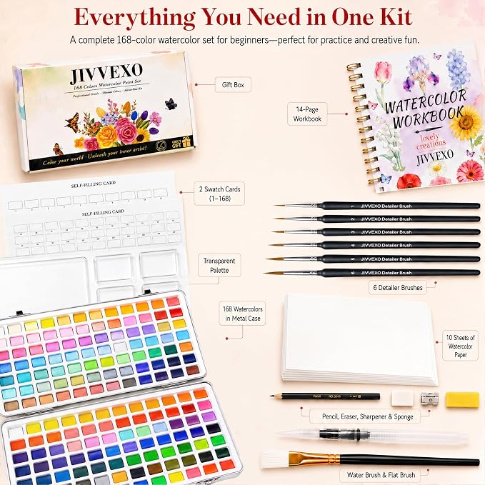 168 Colors Watercolor Paint Set with Watercolor Workbook for Adults | Travel Watercolor Set with 14 Pre-Drawn Projects, 1 Water Brush, 6 Detail Brushes & Painting Supplies for Teens & Beginners