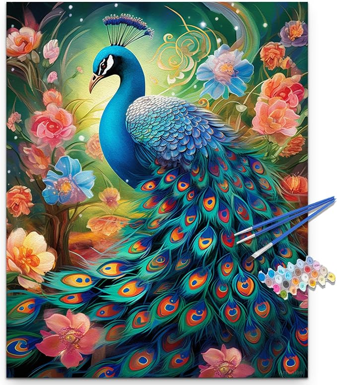 Artunion Peacock Paint by Numbers Kit for Adults,Flower Paint by Number Kits, DIY Oil Painting Paint by Number Kits on Canvas Arts Craft for Home Wall Decor 16x20 Inch