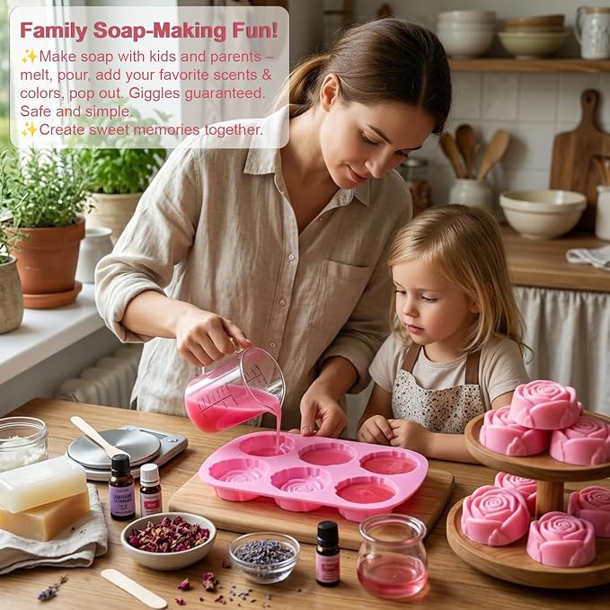 102 Pcs Soap Making Mold Kit - 3 Different Flower Silicone Molds, 48 Bags, 48 Gift Tags, 65ft Jute Twine, 2 Sisal Foaming Soap Bag Pouch for Handmade Craft Soaps, Baking & Ice Cube Trays, DIY Candle
