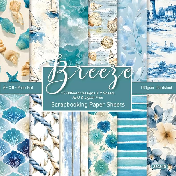 Blue Aesthetics Scrapbooking Paper Pad - 24 Sheets 6'' x 6'' Beach Shell Patterned Decorative Collage Decoupage for Journaling Wrapping Folded Supplies Gift DIY Crafts Cards Photo Album