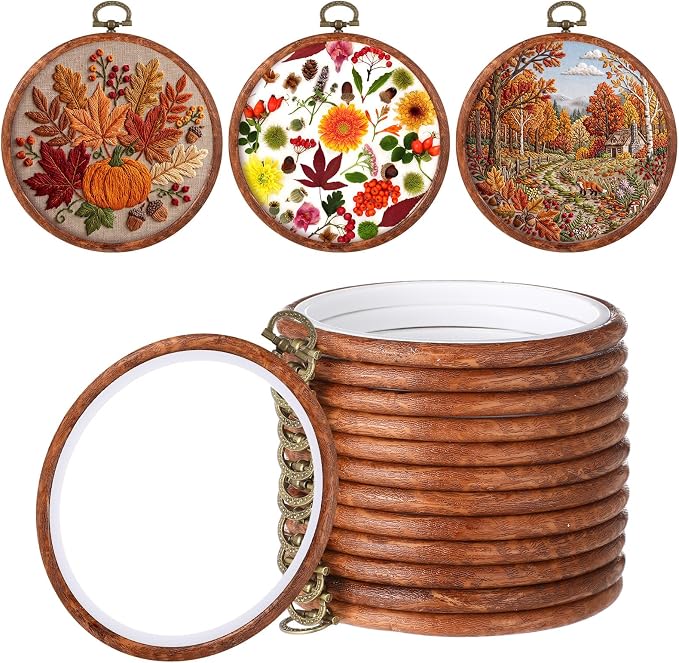 Burbell 5.1 Inch 12 Pcs Fall Round Embroidery Hoops Frame | Small Display Frame Ornaments, Imitated Wood with Metal Hooks, DIY Crafts Sewing Hanging Gifts, Christmas Decor Supplies