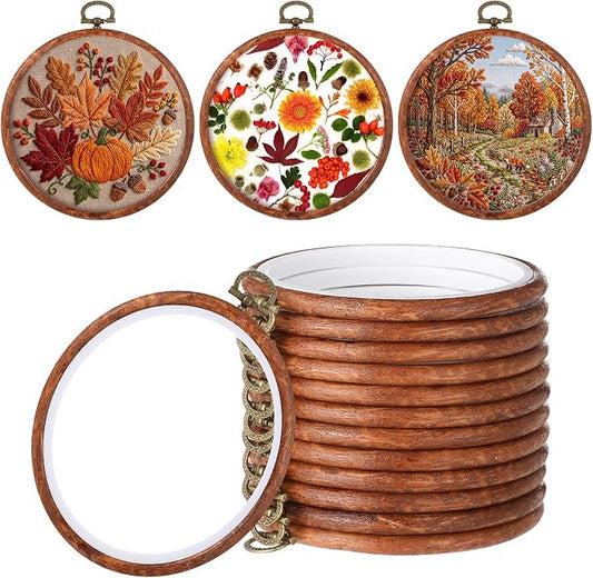 Burbell 5.1 Inch 12 Pcs Fall Round Embroidery Hoops Frame | Small Display Frame Ornaments, Imitated Wood with Metal Hooks, DIY Crafts Sewing Hanging Gifts, Christmas Decor Supplies