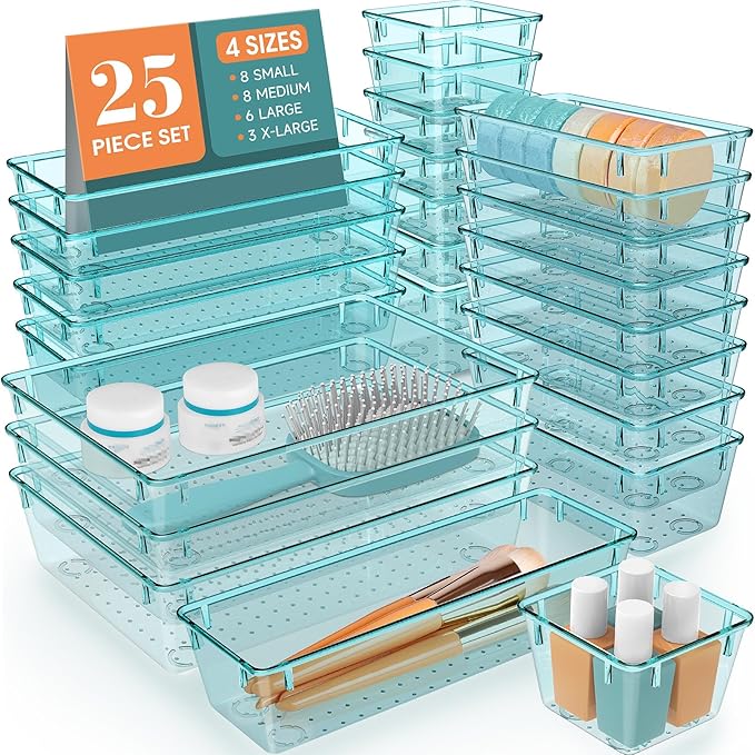 25 PCS Clear Plastic Drawer Organizer, Makeup Organizers and Storage Bins | 4 Sizes Desk Drawer Divider Organizers and Storage Bins for Jewelry, Gadgets for Kitchen, Bedroom, Bathroom, Office,Sea Blue