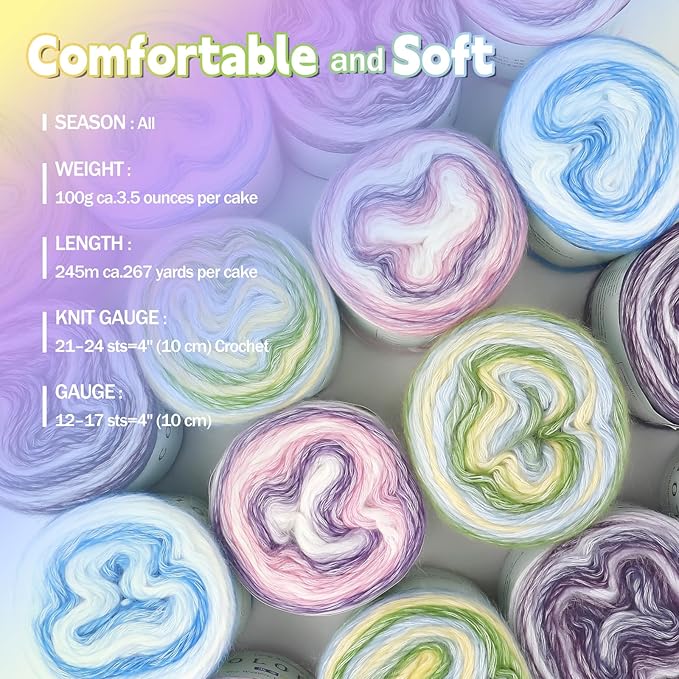 Katech Gradient Cake Yarn for Crocheting-Multicolor Soft Cotton Yarn | 100g/3.52 oz-DK Light Weight #3-60% Cotton 30% Acrylic 10% Wool-Perfect for Scarves, Shawls, Blankets and Garments(C)