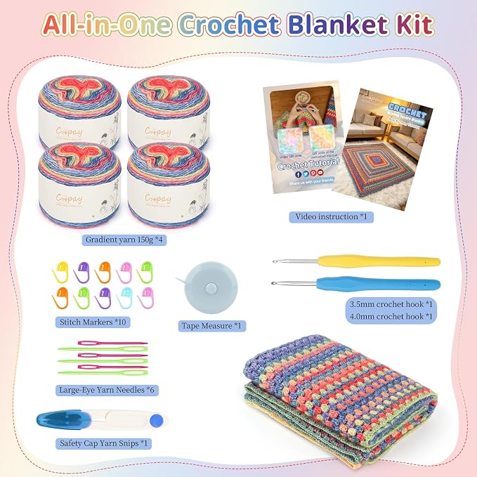 Coopay Crochet Blanket Kit for Beginners Adults w/Step-by-Step Instructions | Complete Crochet Kits with 600g Soft Crochet Yarn & Ergonomic Crochet Hooks, Granny Square Blanket Kit for Beginners Gift