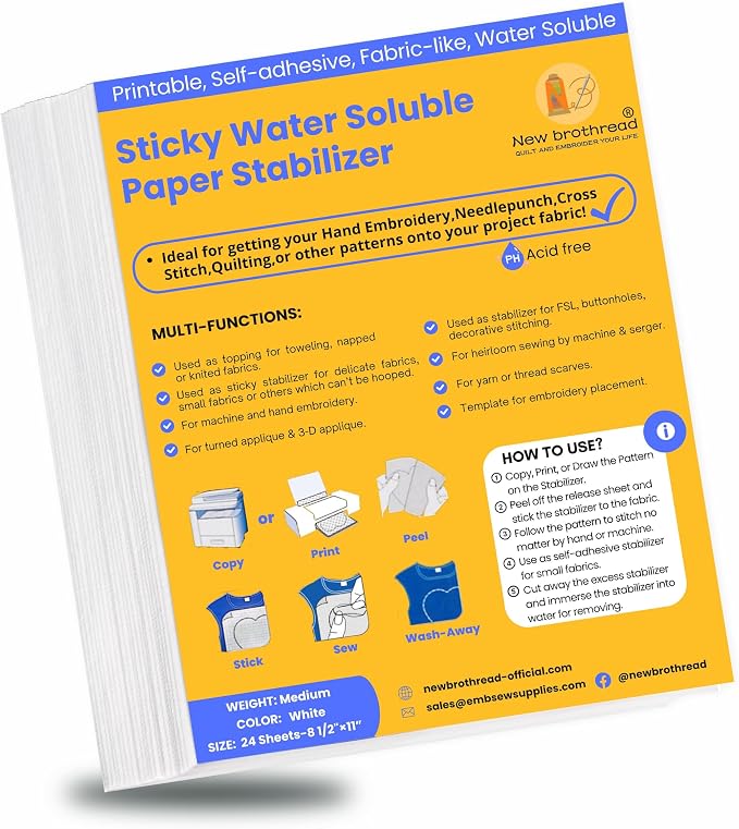 New brothread 24PCS 8.5"x11" Sticky Water Soluble Embroidery Stabilizer | Printable Paper Stabilizer, Medium Weight, Allowed for Print or Draw Patterns, Best for Hand & Machine Embroidery