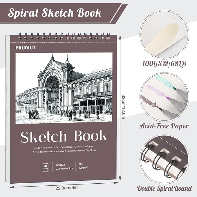 9×12 Sketch Book, Spiral Bound, 50 Sheets, Acid-Free Drawing Pad | 68lb/100gsm Paper, Perforated Pages, Backboard Support, for Pencil Charcoal Pastel & Sketching