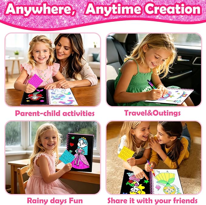 FUNNYB&G Foil Art Craft Kit for Kids, Sparkly Birthday Gift Toy for Girls | No Mess, Kids Ages 4-10 Create Sparkling Artwork, A Creative Gift for Birthdays, Holidays, Travel Activities,Screen-Free Fun