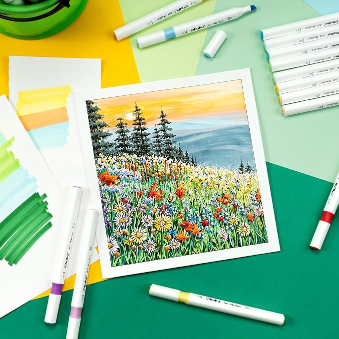 Ohuhu Alcohol Markers Fine& Chisel 96 Colors for Beginners Adults Coloring | Sketching Markers for Drawing Illustration, Dual Tips Alcohol-based Art Marker, 2 Colorless Blender& 2 Storage Case