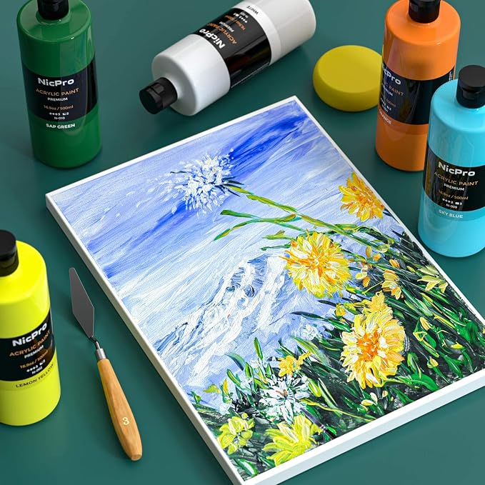 Nicpro 14 Colors Large Bulk Acrylic Paint Set for Artist (16.9 oz, 500 ml) | Rich Art Painting Supplies, Non Toxic for Multi Surface Craft Rock Canvas Wood Ceramic Leather Fabric, for Adult Beginners