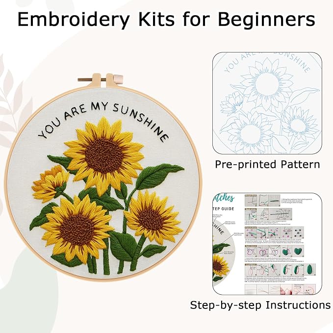 Nuberlic Sunflower Embroidery Kit for Beginners | Adults Starter Cross Stitch Kit DIY Needlepoint with Hoop, Pre-Printed Fabric, Threads & Step-by-Step Guide