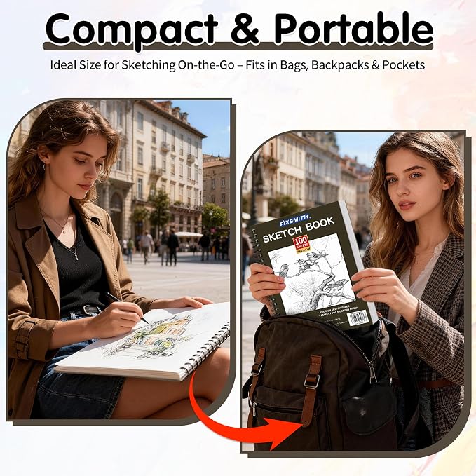 FIXSMITH 9"X12" Sketch Book, 100 Sheets, 68 lb/100gsm,4 Pack Brown | Acid Free Drawing Paper | Spiral Bound Artist Sketch Pad | for Kids, Beginners, Artists & Professionals | Bright White