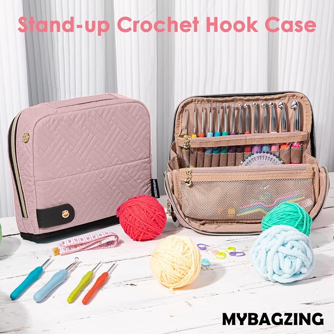MYBAGZING Crochet Hook Case with 14 Size Crochet Hooks Set 2mm(B)-10mm(N) Ergonomic Crochet Hooks with Crochet Case Stand Up - Crochet Hook Organize for Crochet Lovers, Crochet Kit for Beginners