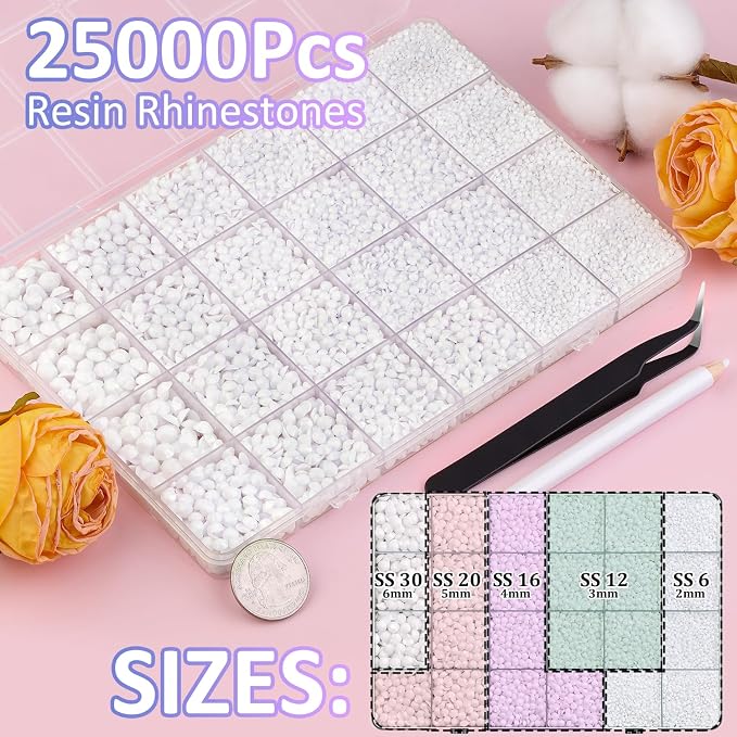 25000Pcs Resin Rhinestones for Crafting, White 2-6mm Mixed Sizes Non Hotfix Flatback Gems with 1Pcs Glue, Bedazzling Crystal for DIY Craft Clothing Mugs Tumblers Shoes Fabric Decor Nail Art