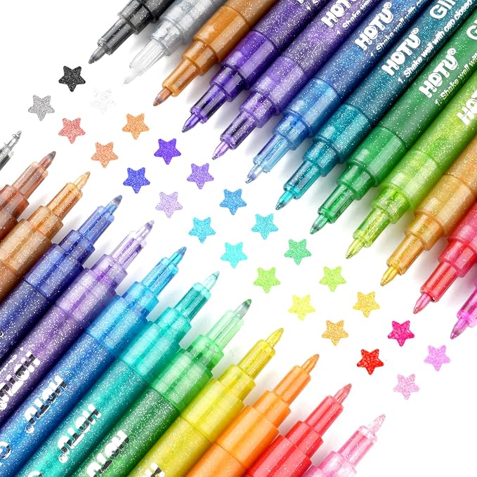 HOTU Glitter Paint Pens, 24 Assorted Sparkly Colors 0.7mm Extra Fine Tip