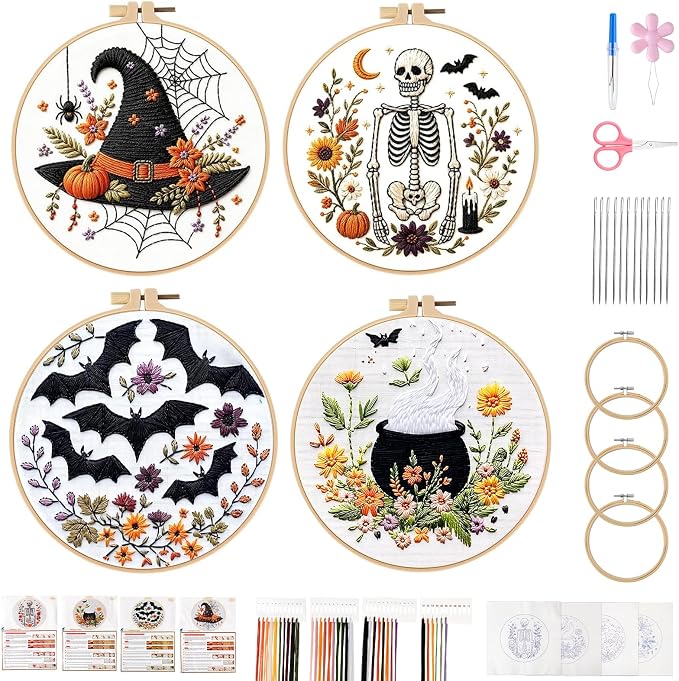 4 Set Halloween Embroidery Kit, DIY Hand Embroidery Kit for Beginners