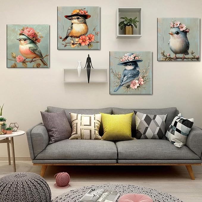 Clendo 4 Pack Bird Paint by Numbers Kit for Adults Beginners Framed - DIY Vintage Adults Paint by Numbers Kits on Canvas with Frame, Small Easy Acrylic Oil Painting for Home Wall Decor (8 x 8 Inch)