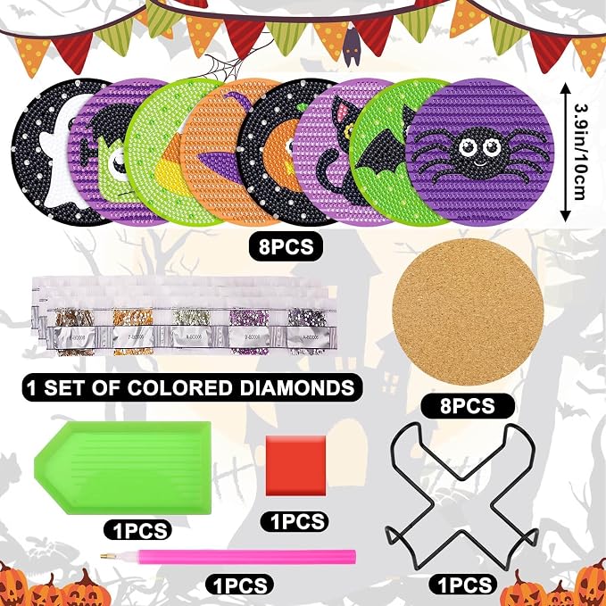 UPINS 8Pcs Halloween Diamond Art Painting Coasters Kits with Holder | Diamond Art Non Slip Coaster Kits ,DIY with Holder crafts, for Adults Diamond Art Painting Kits Supplies