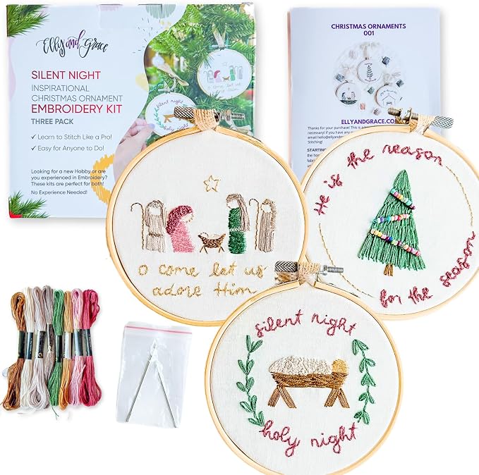 Elly & Grace Christian Embroidery Kit with Embroidery Hoop, Easy Embroidery Kit for Beginners and Adults, Full Embroidery Hoop Kit with Needles and Thread Included (Silent Night)