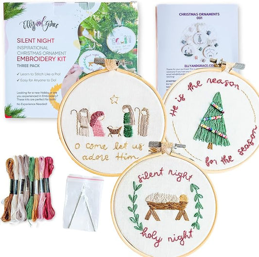 Elly & Grace Christian Embroidery Kit with Embroidery Hoop, Easy Embroidery Kit for Beginners and Adults, Full Embroidery Hoop Kit with Needles and Thread Included (Silent Night)