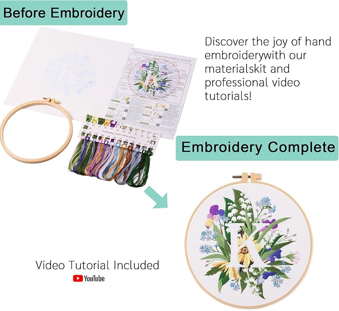Harimau Letter K Pattern Embroidery Kit for Adult Beginners, Complete Starter Pack with 1 Hoop, Needles, Instruction Guide & Embroidery Stitch Video Tutorials
