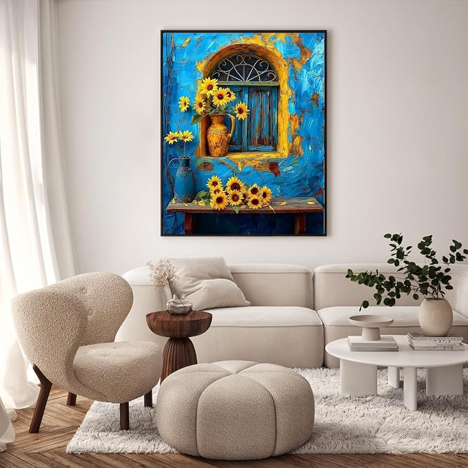 Paint by Numbers Kit for Adults, Window Sunflower Painting, 16 x 20 Inch | DIY Adult Paint by Number Kit on Canvas for Beginners, without Frame, Rustic Wall Decor, Stress Relief Craft Gift