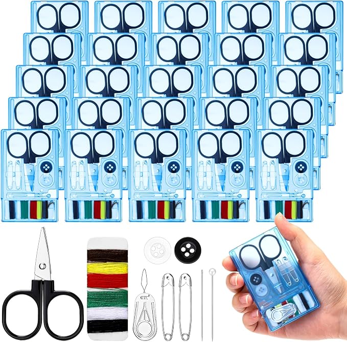 Knitgrip 25 Boxes Mini Sewing Kit Travel Size Small Bulk for Adults, Blue